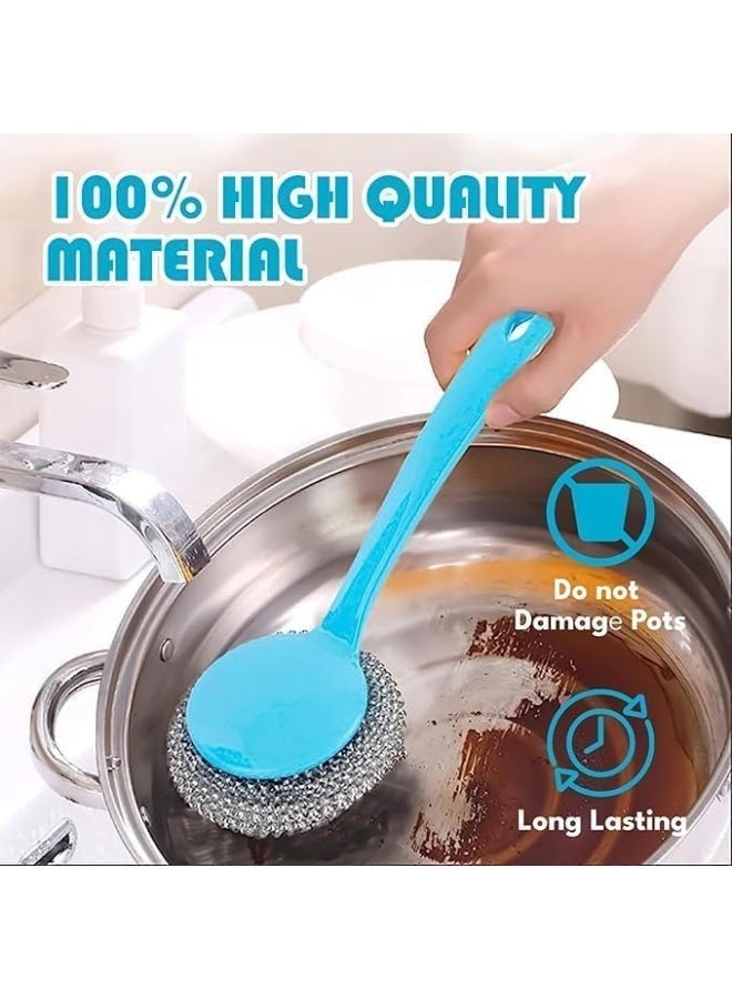 ليفة مواعين سلك بيد مقبض بلاستيكي 4*1 قطعة إسفنجة مطبخ سلكية من الفولاذ المقاوم للصدأ لغسل الأطباق وتنظيف أدوات المطبخ، ليفة استانلس حلزونية لتنظيف حلل الطهي والأطباق - Image 5